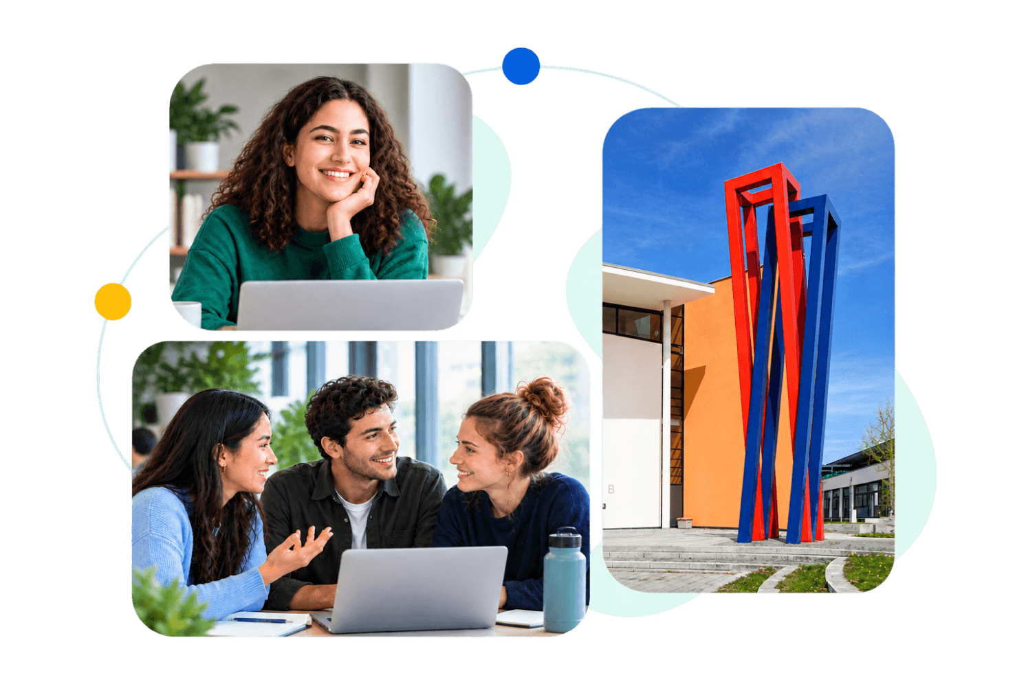 Students working together on laptops, and the sculpture in front of Hof University